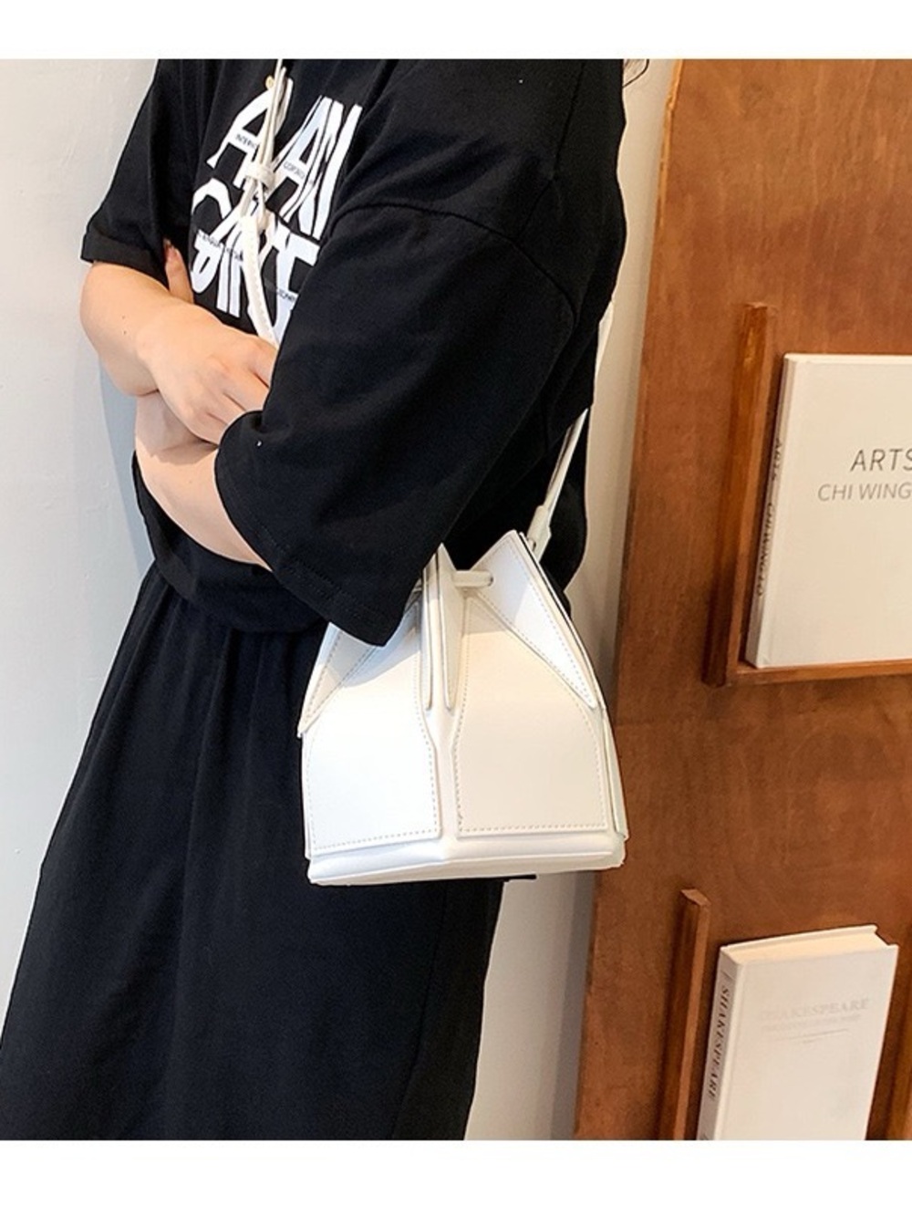 Geometric Colorblock Drawstring Bucket Crossbody Bag – Black or White